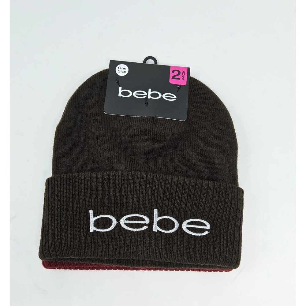 Bebe Beanie Hat Womens NEW 2 Pack Knit Brown Burgundy Red Rmbroidered Logo Snow